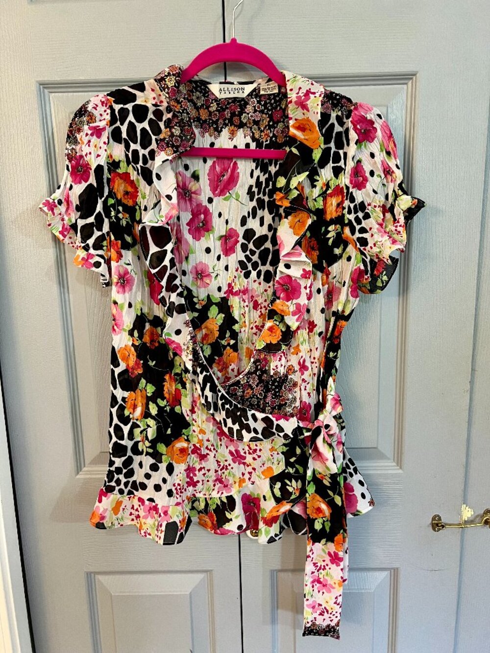 ALLISON‎ TAYLOR Floral Wrap Flutter Sleeves Blouse Size XL